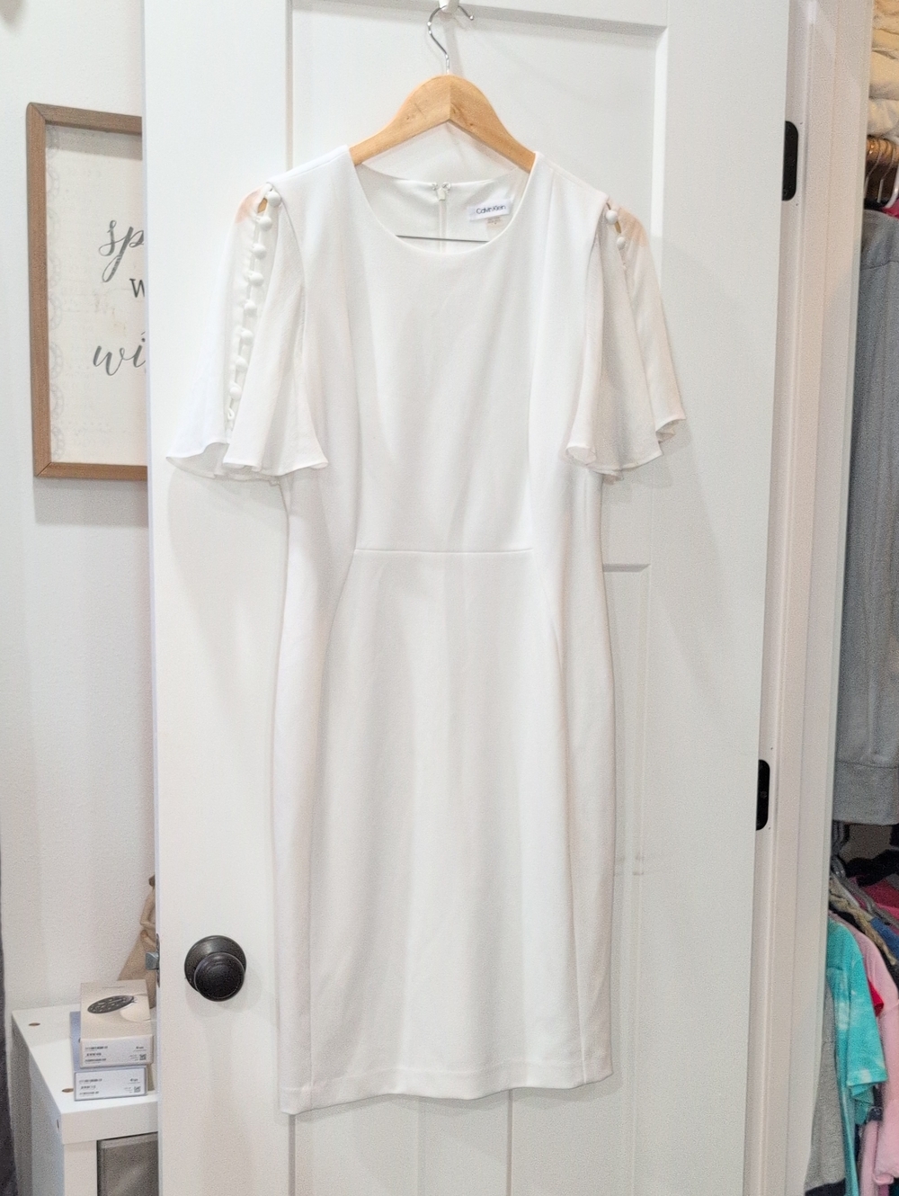 Calvin Klein White Flutter-Sleeve Sheath Midi Dress